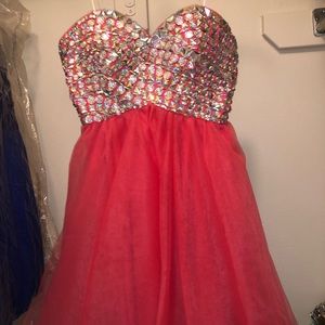 Strapless coral homecoming dress